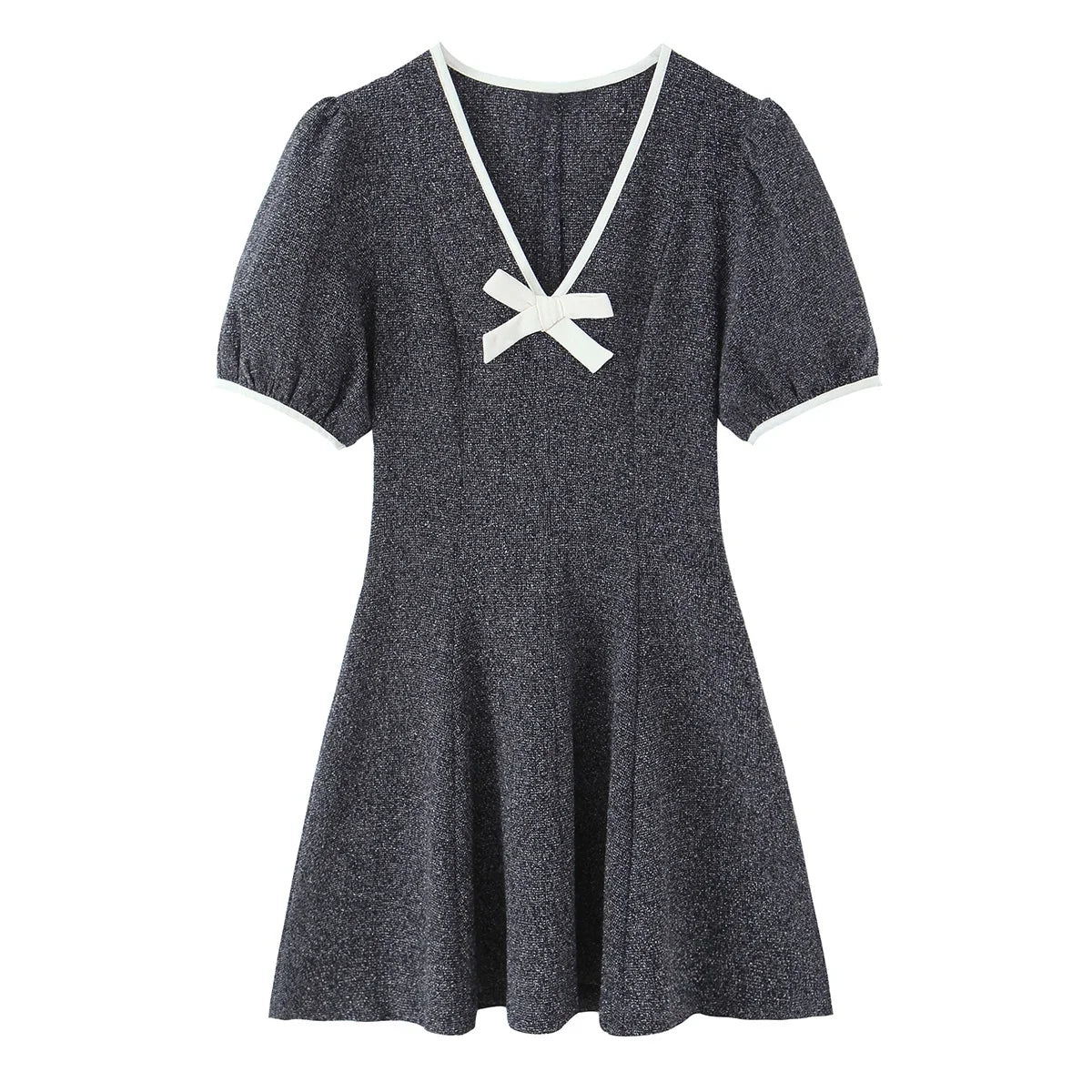 Spring Vintage Puff Sleeve Bow V Neck A-line Mini Dresses High Street Vestidos