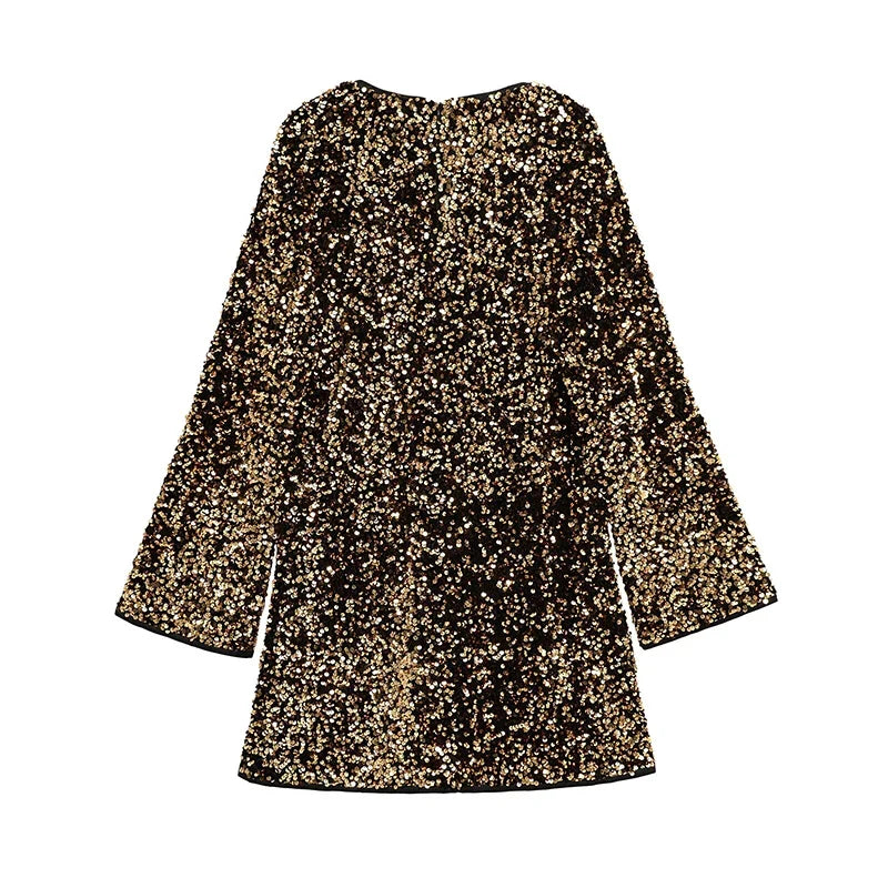 Long Sleeve O Neck Sequin Mini Dresses