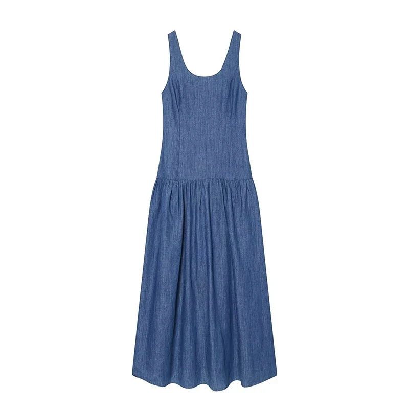 Blue Denim Sleeveless Midi Dresses