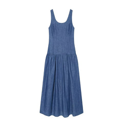 Blue Denim Sleeveless Midi Dresses