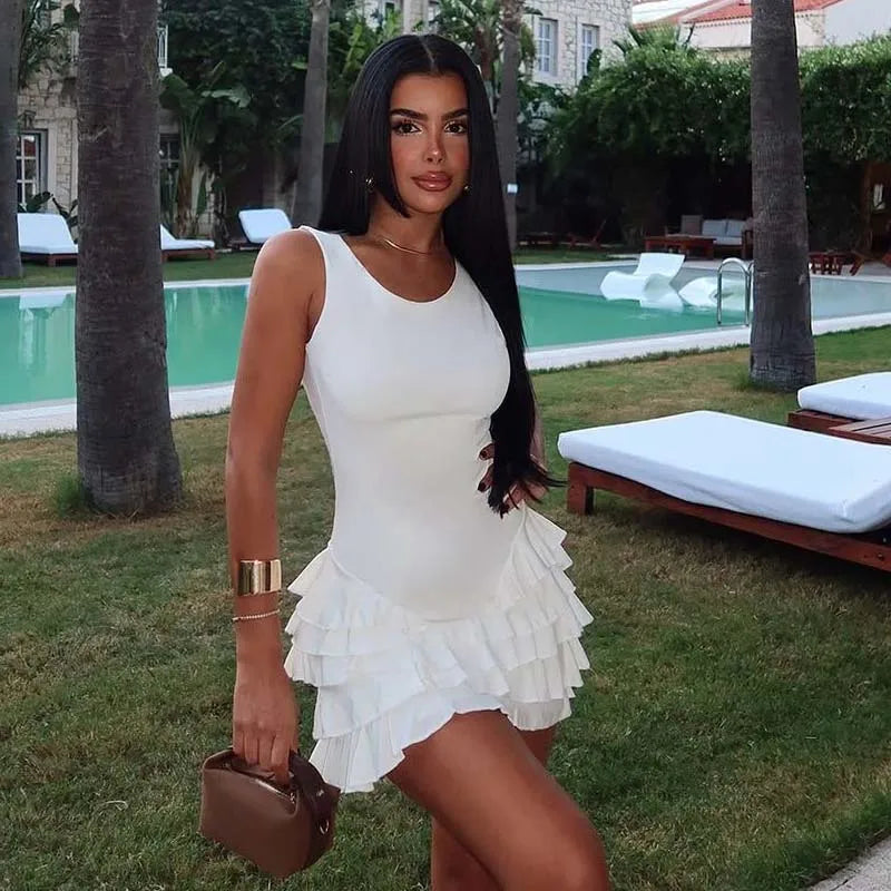 Layered Ruffle Hem White Tank Dresses