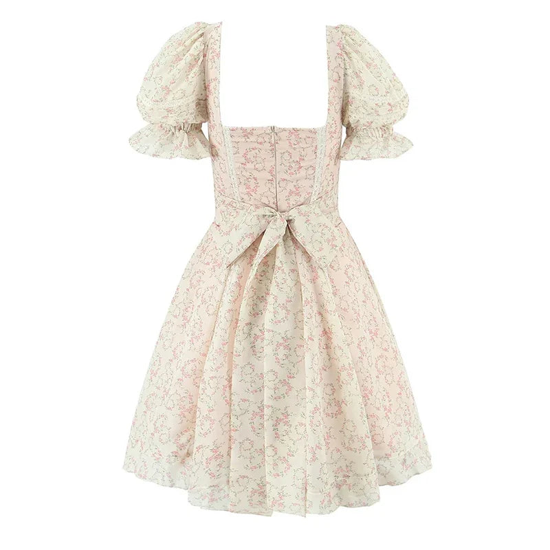Summer Elegant Lace Spliced Floral Print Dresses Vintage Puff Sleeve Bow Sashes A-line Mini Dresses