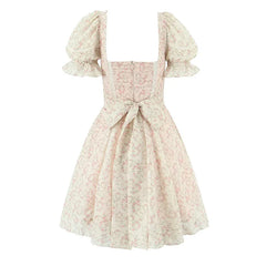 Summer Elegant Lace Spliced Floral Print Dresses Vintage Puff Sleeve Bow Sashes A-line Mini Dresses