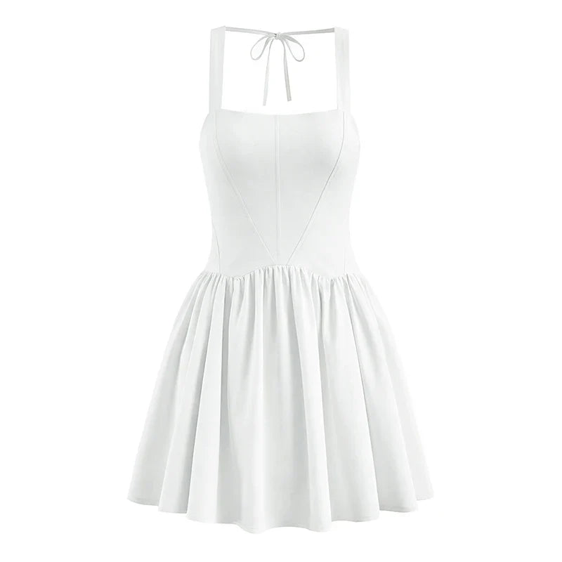 French Retro Square Neck Pleated Hem A-line Mini Dresses