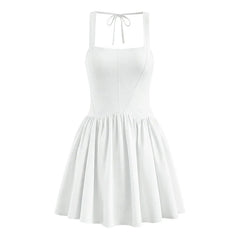 French Retro Square Neck Pleated Hem A-line Mini Dresses