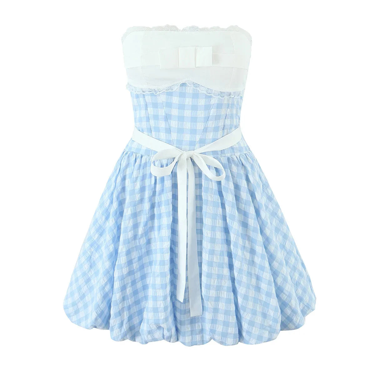 ï»?French Style Sexy Sweet Bow Patchwork Plaid Strapless Mini Dresses