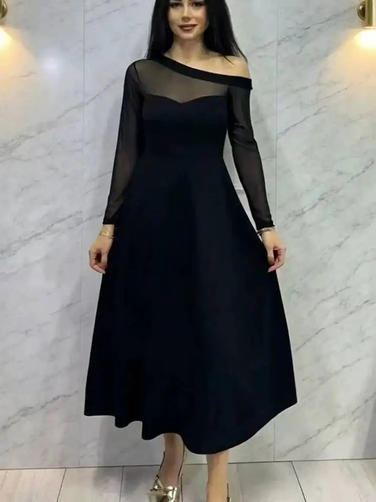 Elegant Diagonal Collar Long Sleeved Mesh Patchwork Dresses