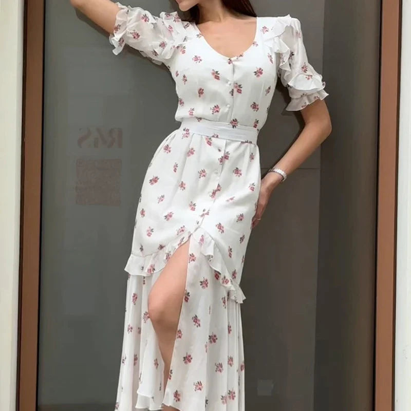 Casual Ladies V-neck Beach Long Dresses Sweet Floral Print Holiday A-line Dresses