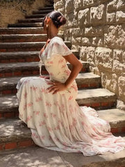 Retro Elegant Printed V-neck Short Sleeved Waist Long Dresses