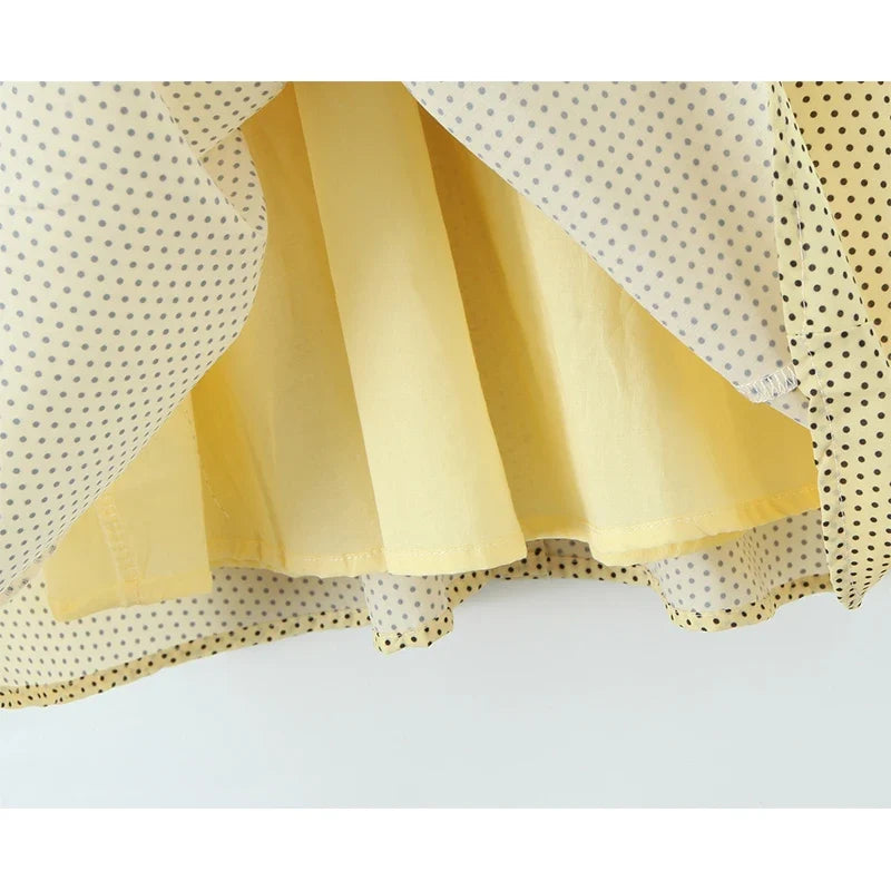 V-Neck Slim Fit Yellow Polka Dot Dresses