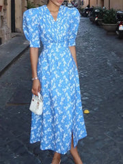 Temperament Print V-neck Bubble Sleeves Pleated Waist Cinched Slit Dresses