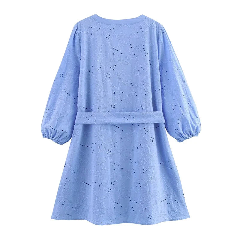 Spring Sky Blue Hollow Out Embroidery Short Dresses