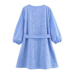 Spring Sky Blue Hollow Out Embroidery Short Dresses