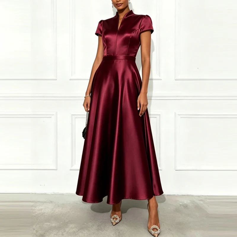 Ladies Elegant Temperament Party Long Dresses Simple Solid Color V Neck Short Sleeved Dresses