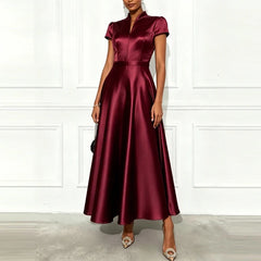 Ladies Elegant Temperament Party Long Dresses Simple Solid Color V Neck Short Sleeved Dresses