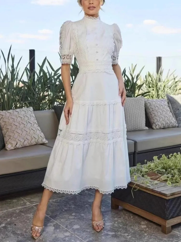 turtleneck short sleeves lace patchwork hollow out slim high waist A-line pullover Dresses