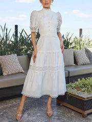 turtleneck short sleeves lace patchwork hollow out slim high waist A-line pullover Dresses