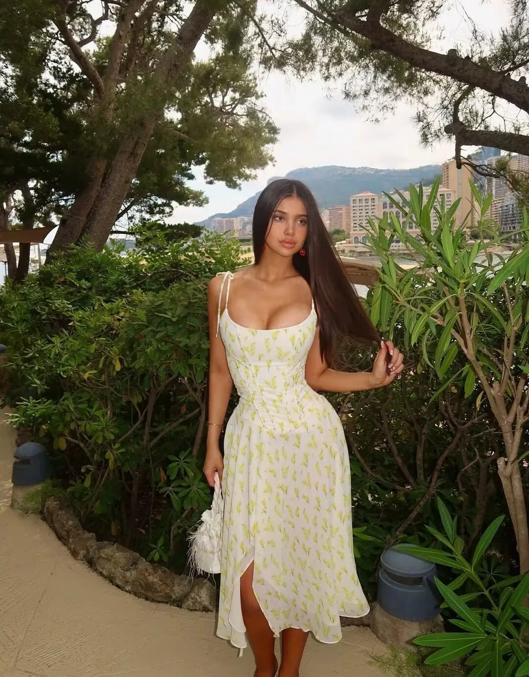 Yellow Print Sling Midi Summer Dresses Sexy O Neck Hem Slits A-line Chiffon Dresses