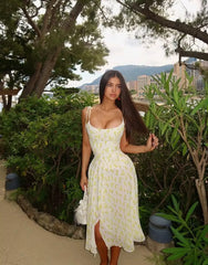 Yellow Print Sling Midi Summer Dresses Sexy O Neck Hem Slits A-line Chiffon Dresses