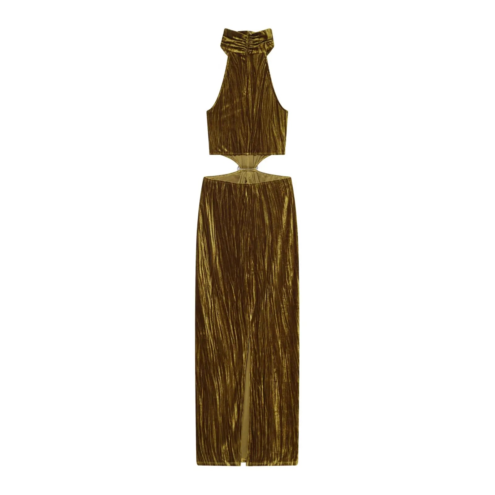 Gold Crushed Velvet Halter Maxi Dresses
