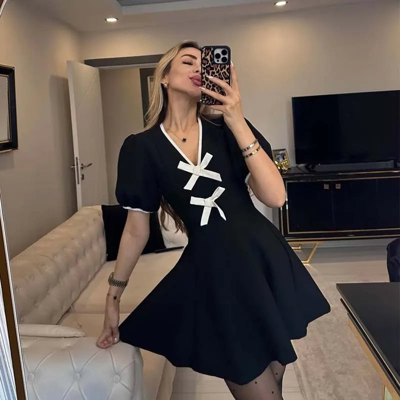 High Quality Contrast Bow Mini Dresses