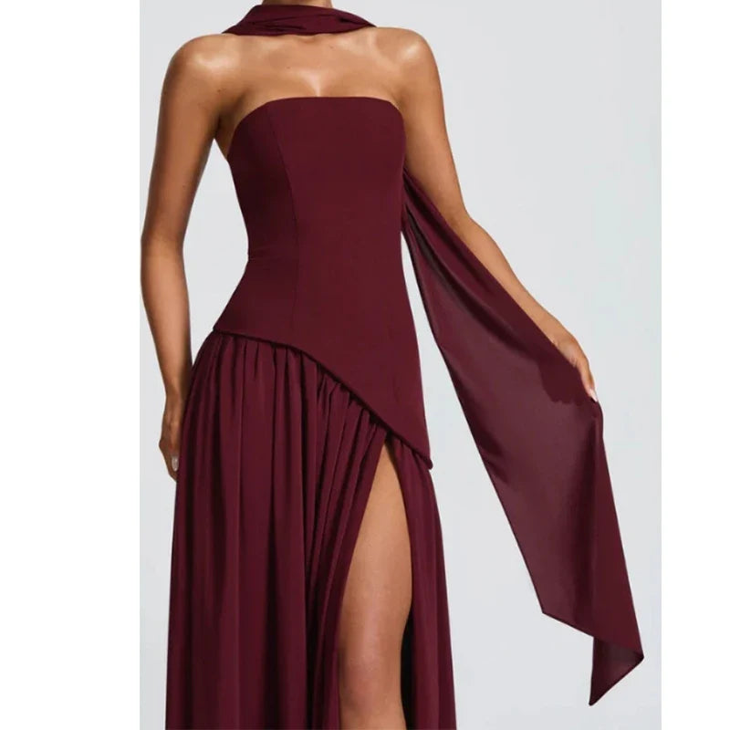 Elegant Strapless With Scarf Long Dresses Sexy High Slit Pleated Hem Evening Party Dresses