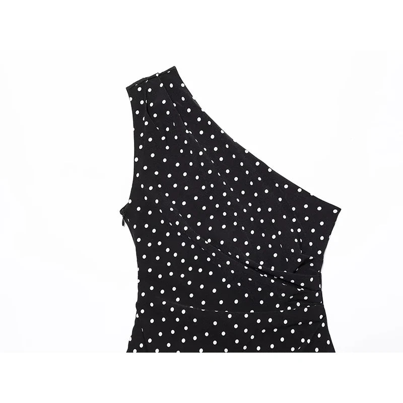 Sweet Girls Slanted Shoulder Polka Dot Mini Dresses