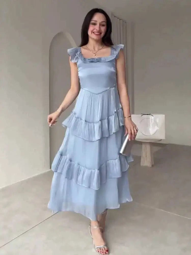 Sweet Square Neck Sleeveless Ruffle Edge Layered Spliced Waist Cinching Dresses
