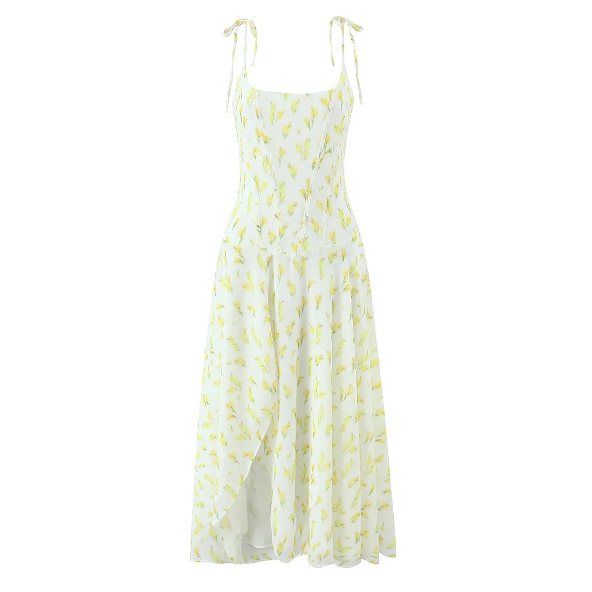 Yellow Print Sling Midi Summer Dresses Sexy O Neck Hem Slits A-line Chiffon Dresses