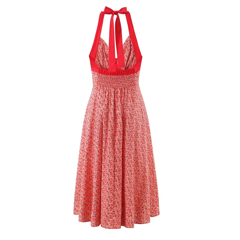 French Style Halter Sexy Backless Dresses Bow V Neck A-line Midi Vacation Summer Dresses