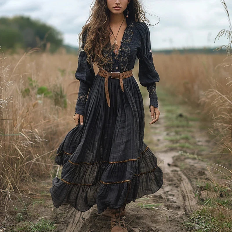 Spring Long Sleeved Pleated Bohemian Dresses