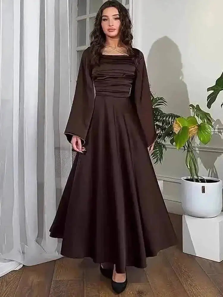 Elegant Square Collar Long Sleeved Bandage Waist Studded Diamond Dresses