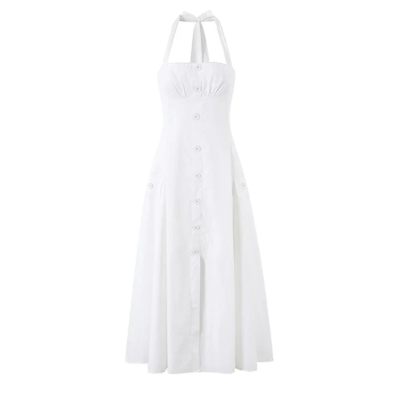 Elegant Retro White Halter Midi Dresses