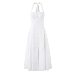 Elegant Retro White Halter Midi Dresses