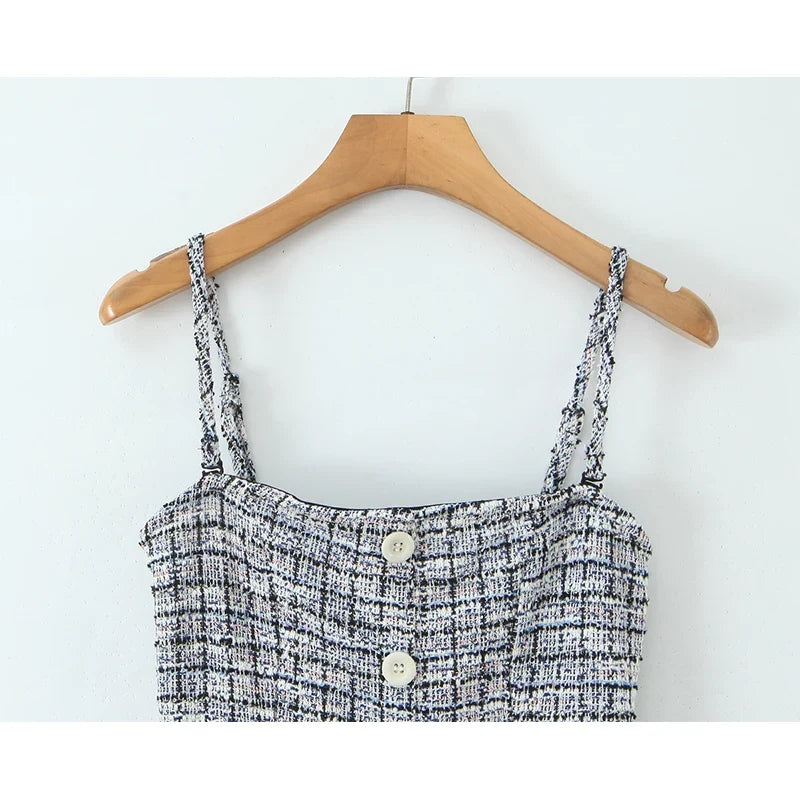 Vintage Plaid Front Button With Belt Pleated Hem Knit Sling Mini Dresses Sexy Robe