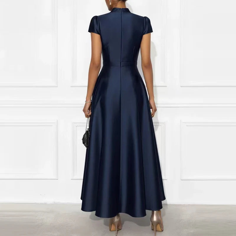 Ladies Elegant Temperament Party Long Dresses Simple Solid Color V Neck Short Sleeved Dresses