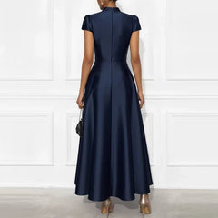 Ladies Elegant Temperament Party Long Dresses Simple Solid Color V Neck Short Sleeved Dresses