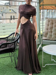 Fashionable Round Neck Patchwork Pleated Waist Exposed Navel Dresses