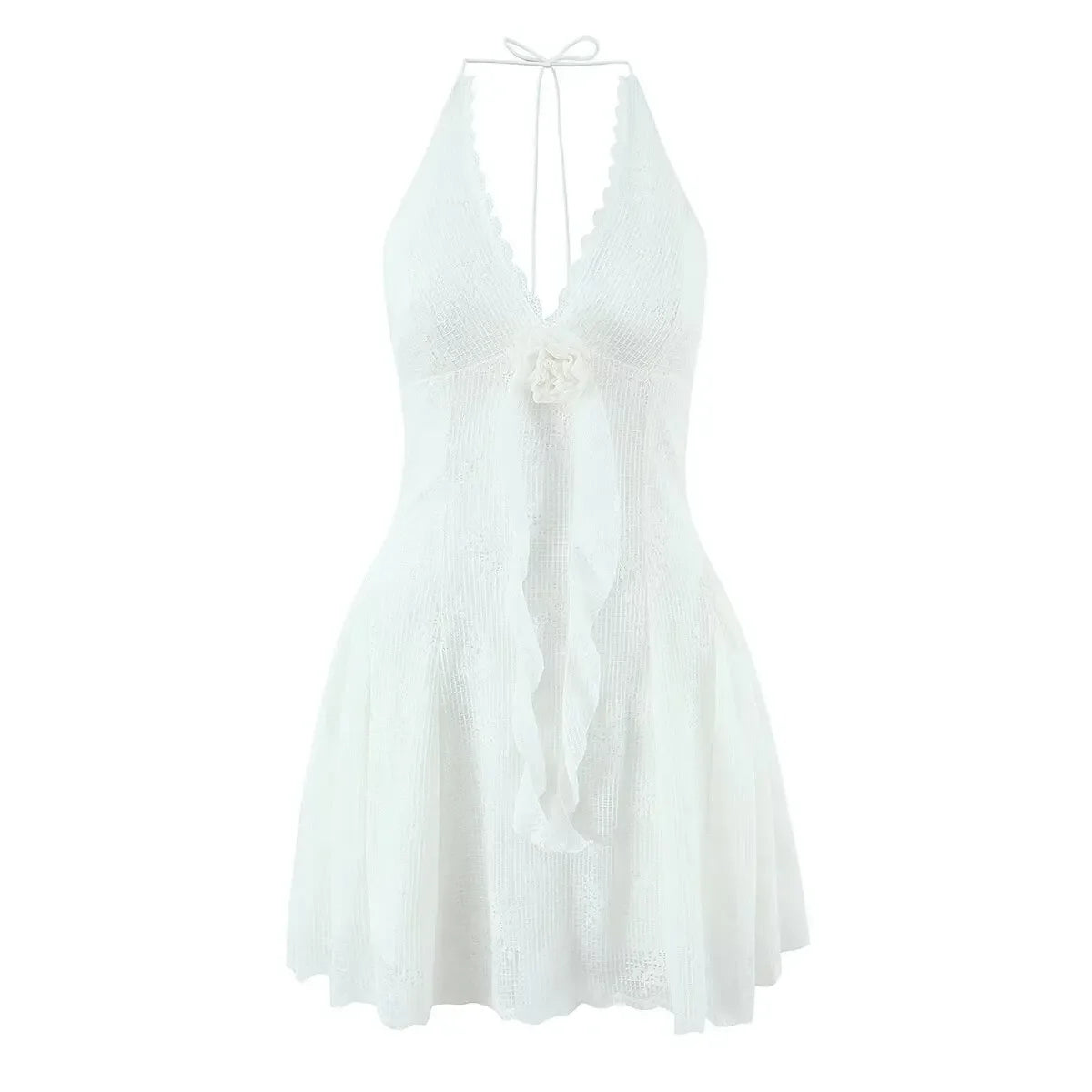 French Sweet Romantic Pink White Lace Embroidery Flower Slim Halter Mini Dresses