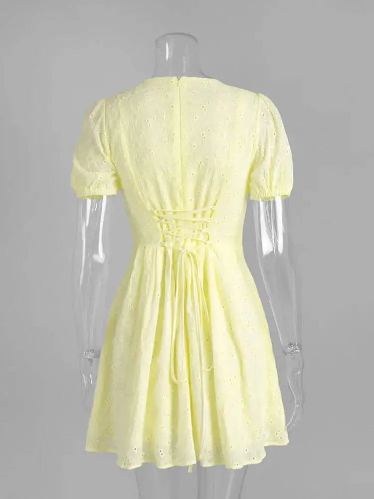 Sweet V-neck Short Sleeved Bandage Waist Embroidered Dresses