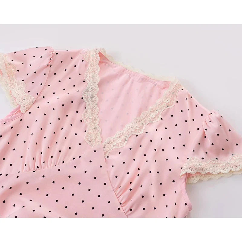 Pink Dot Print Elegant Long Dresses Lace Trim V Neck Short Sleeve A-line Summer Dresses