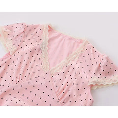 Pink Dot Print Elegant Long Dresses Lace Trim V Neck Short Sleeve A-line Summer Dresses