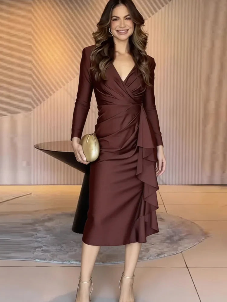Fashionable V-neck Long Sleeved Ruffled Waist Cinched Dresses