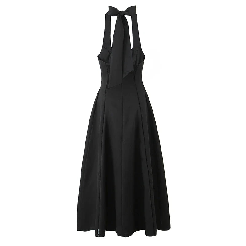 Vintage Elegant Black White Halter Midi Long Dresses A-line Slim Sexy Backless Dresses
