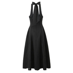 Vintage Elegant Black White Halter Midi Long Dresses A-line Slim Sexy Backless Dresses