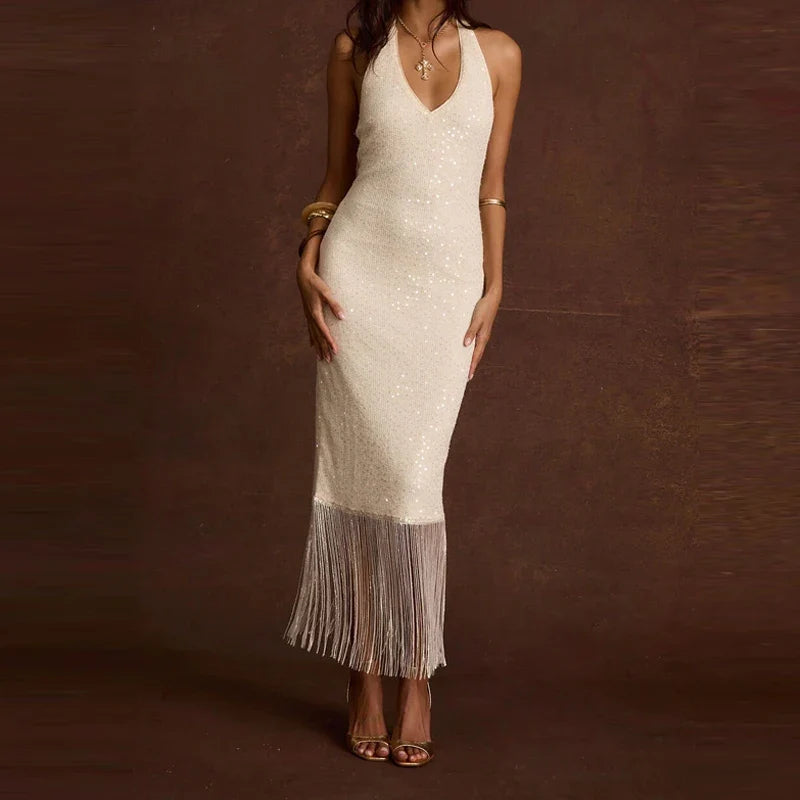Cocktail Party Deep V Neck Backless Fringe Dresses