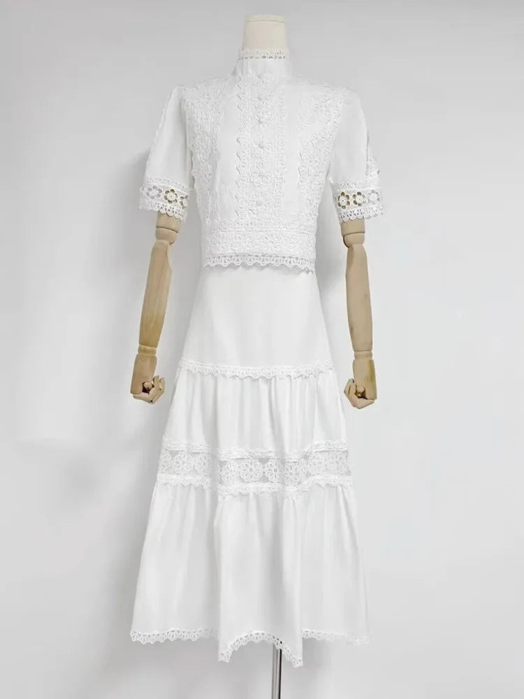 turtleneck short sleeves lace patchwork hollow out slim high waist A-line pullover Dresses