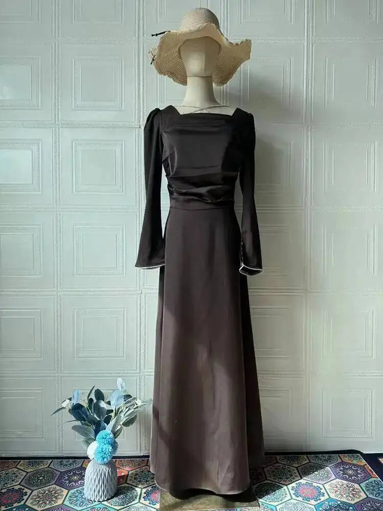 Elegant Square Collar Long Sleeved Bandage Waist Studded Diamond Dresses