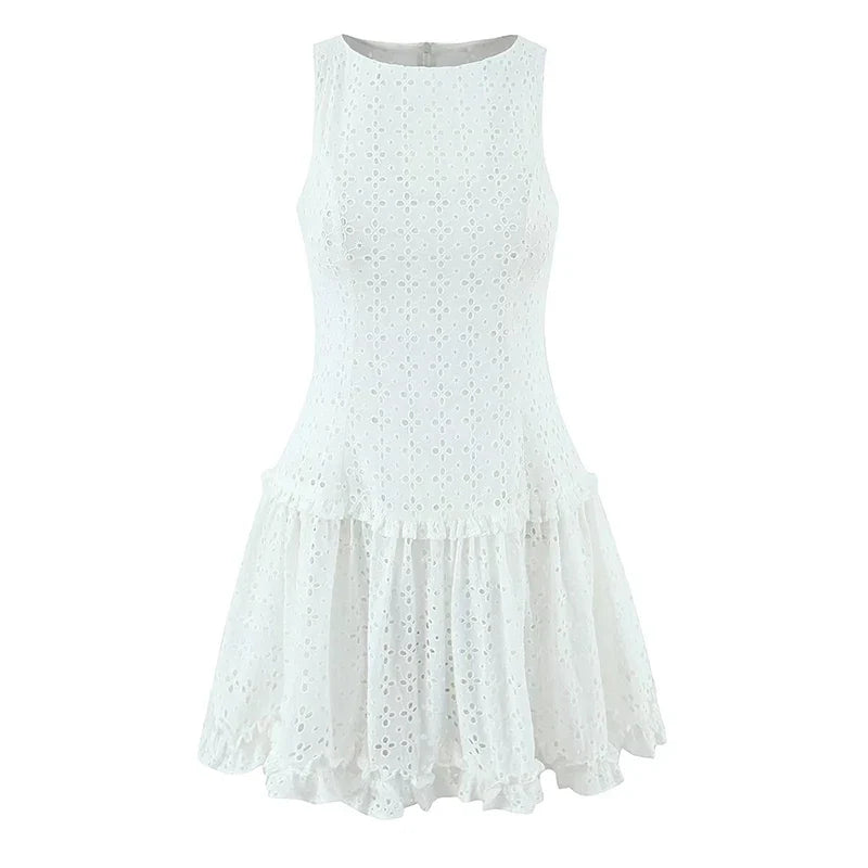 Summer Hollow Out Embroidery White Sleeveless Dresses