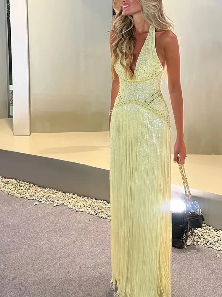 Sexy Backless Hollow Out Party Dresses Sexy Halter Deep V High Waisted Evening Dresses